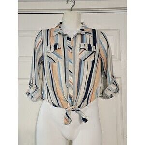 Passport Button Up Collared Shirt ~Sz M~ Long/ 3/4 Sleeve ~Blue & Orange Striped
